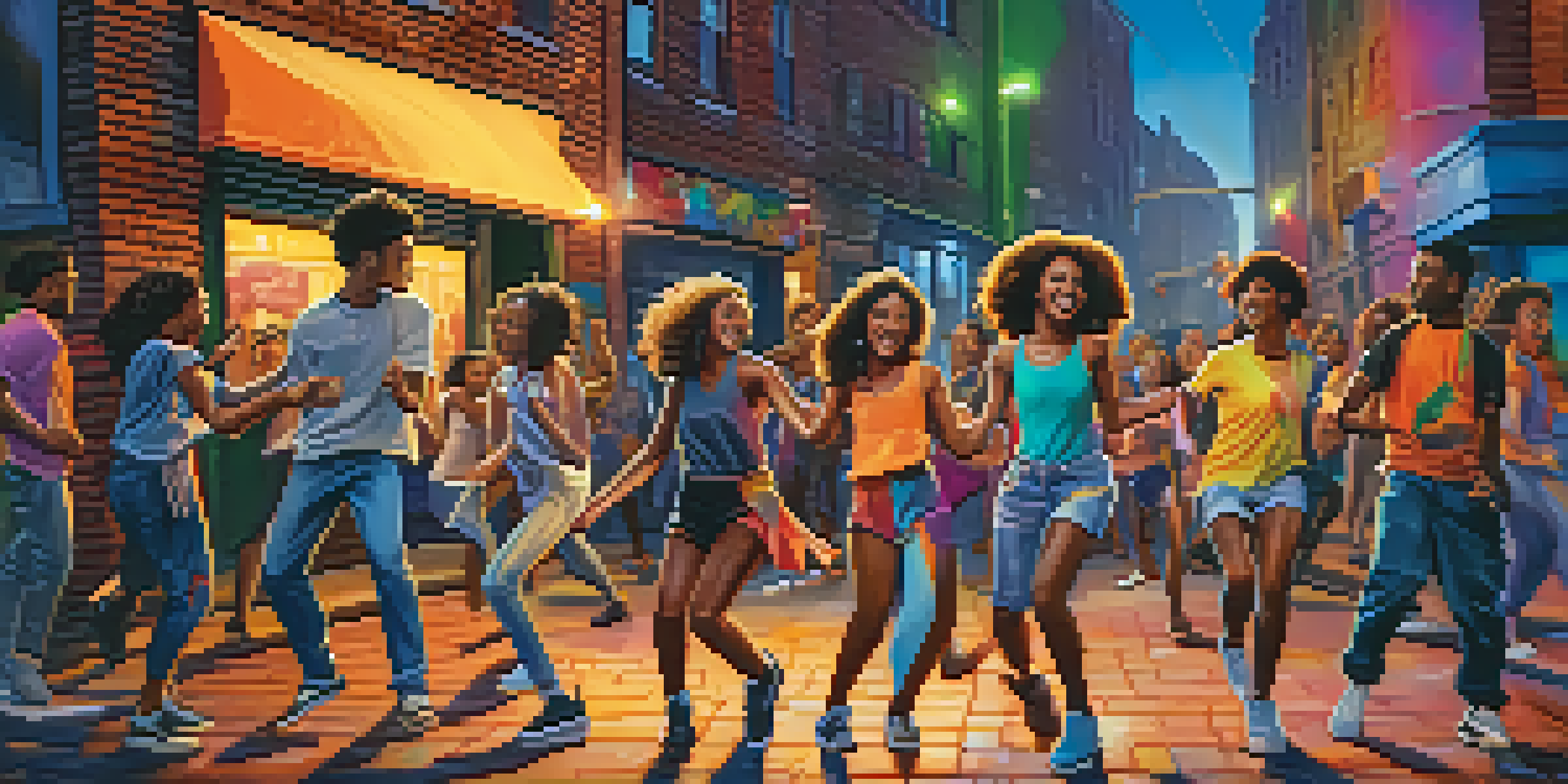A lively urban scene with diverse young people dancing under streetlights, surrounded by colorful graffiti art.