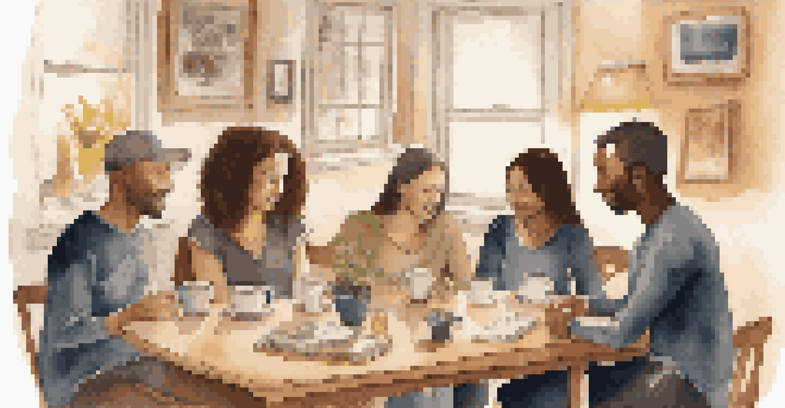A cozy room with friends sharing experiences about performance anxiety, illuminated by warm lighting.