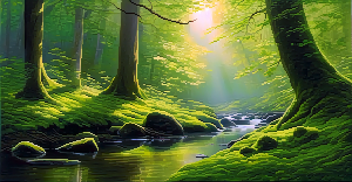 A peaceful forest with sunlight filtering through leaves and a misty atmosphere, featuring a gentle stream.