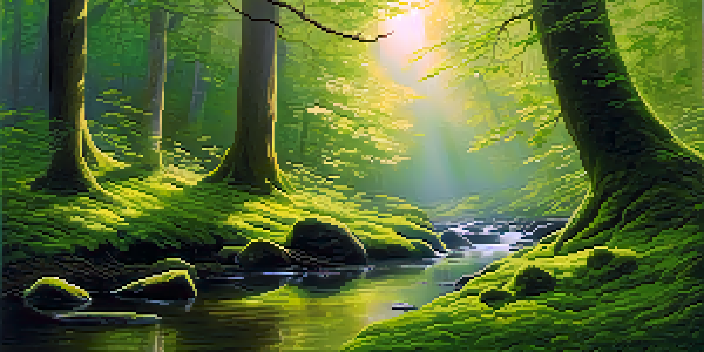 A peaceful forest with sunlight filtering through leaves and a misty atmosphere, featuring a gentle stream.