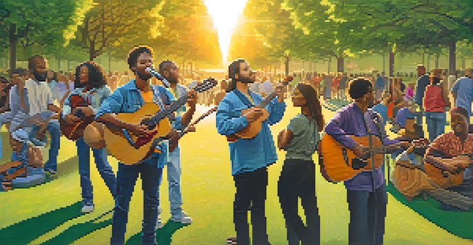 A diverse crowd enjoying live music in a park during sunset, with colorful banners representing social movements.