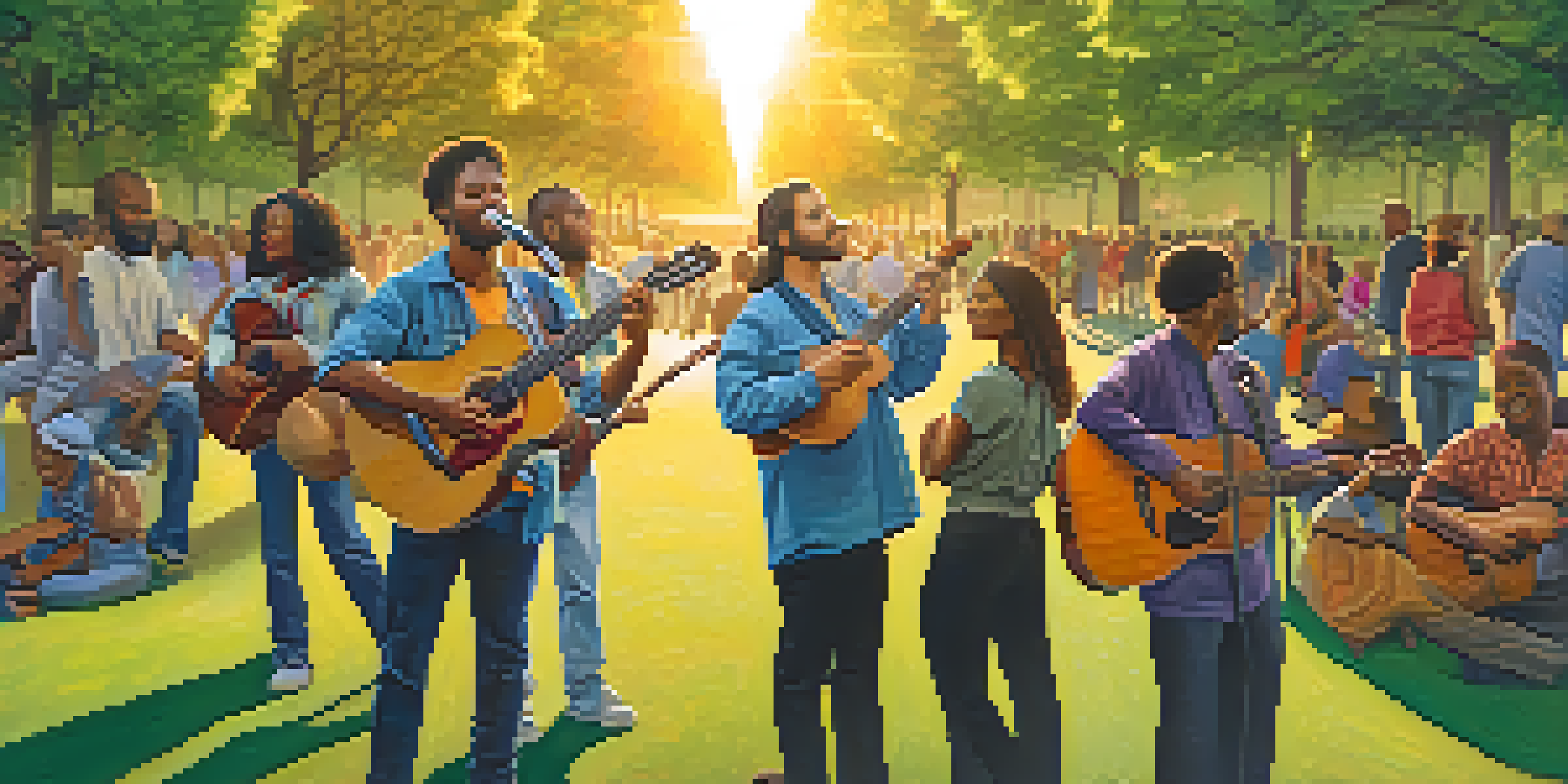 A diverse crowd enjoying live music in a park during sunset, with colorful banners representing social movements.