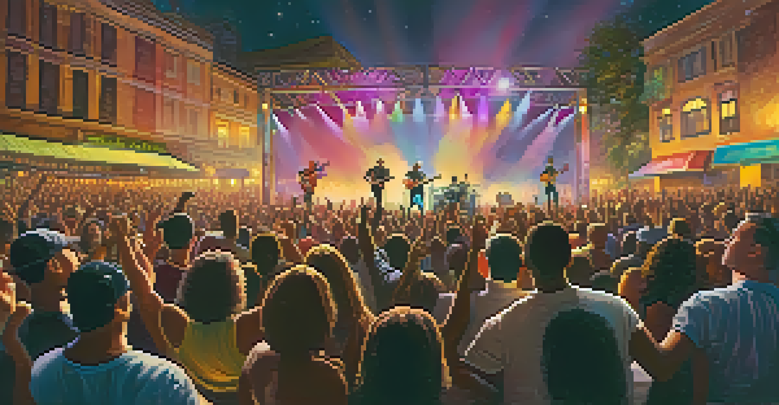 A lively concert with a vibrant crowd enjoying the performance under colorful stage lights.