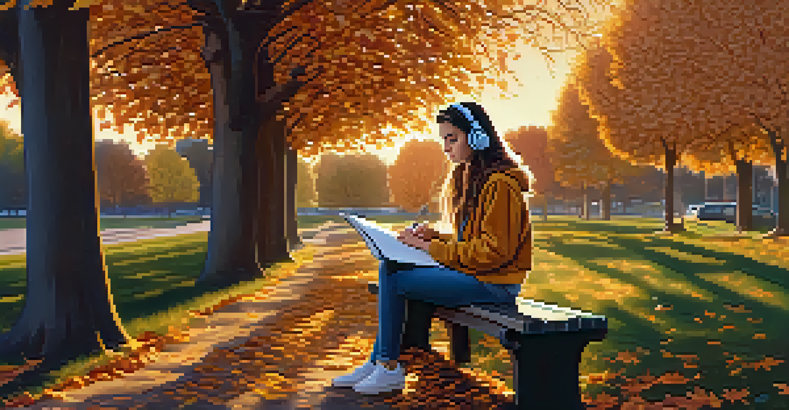 A teenage girl sitting on a park bench with headphones on, enjoying music while writing in a notebook, surrounded by autumn trees.