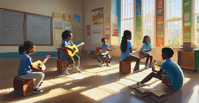 A classroom with students enjoying music and learning, sunlight streaming through the windows, a teacher playing guitar, and colorful posters on the walls.