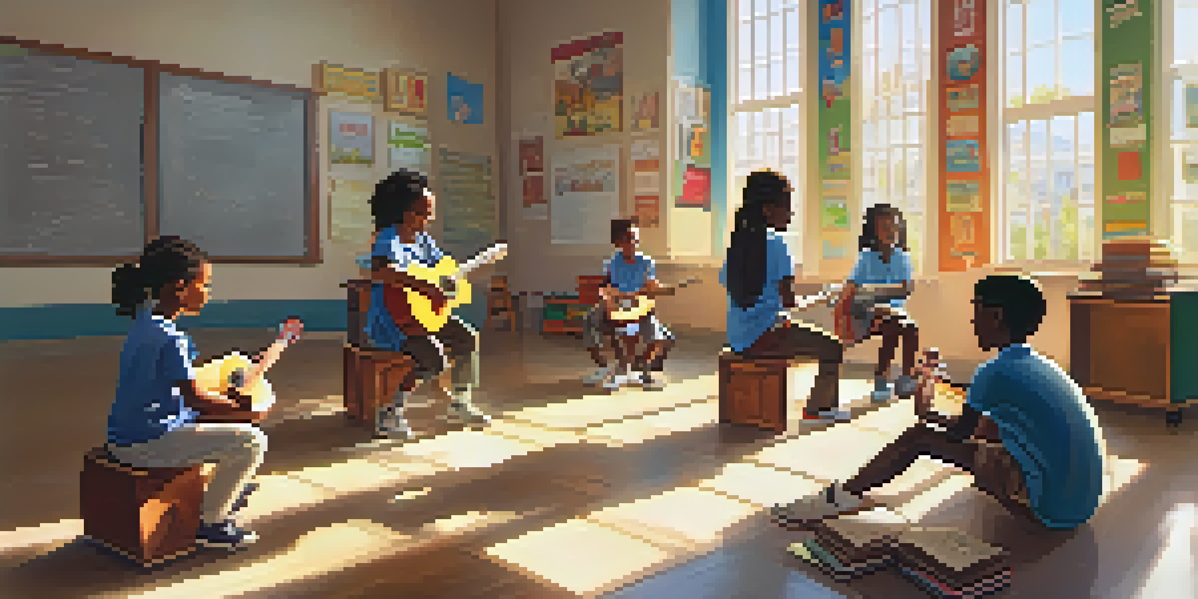 A classroom with students enjoying music and learning, sunlight streaming through the windows, a teacher playing guitar, and colorful posters on the walls.