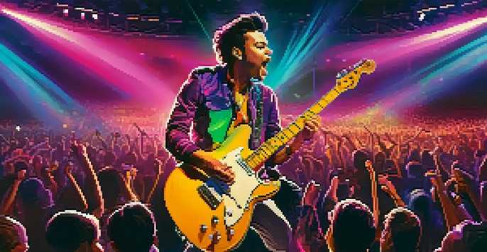 A musician performing on stage with colorful lights, engaging a cheering crowd.