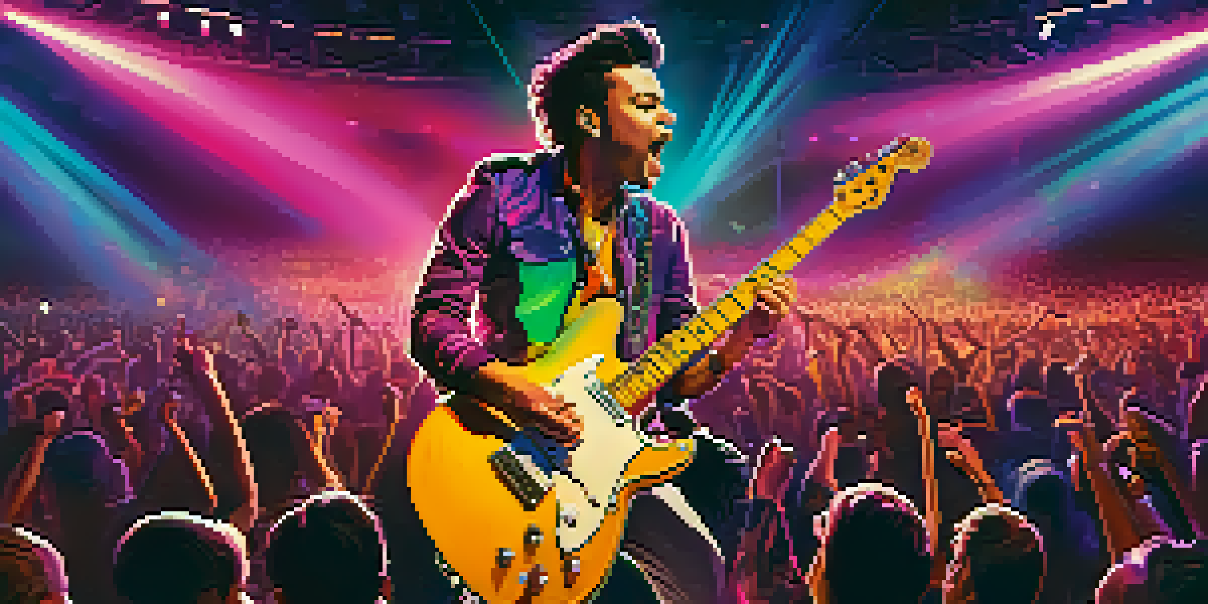 A musician performing on stage with colorful lights, engaging a cheering crowd.