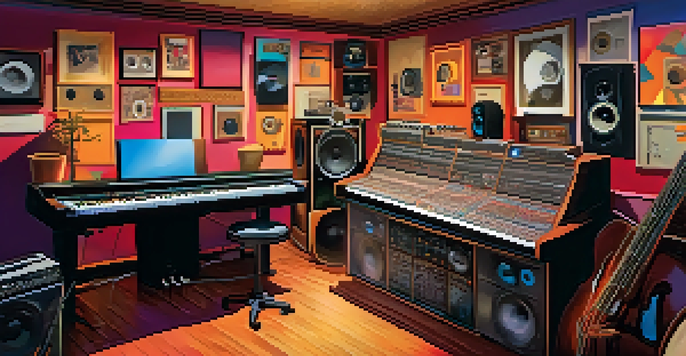 Two music producers working together in a colorful studio filled with sound equipment and musical instruments.