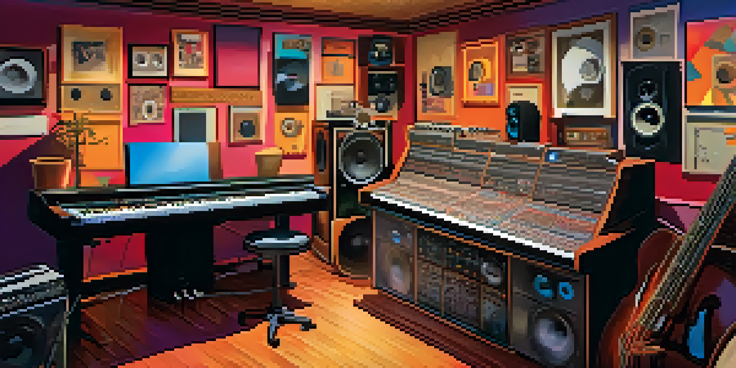 Two music producers working together in a colorful studio filled with sound equipment and musical instruments.