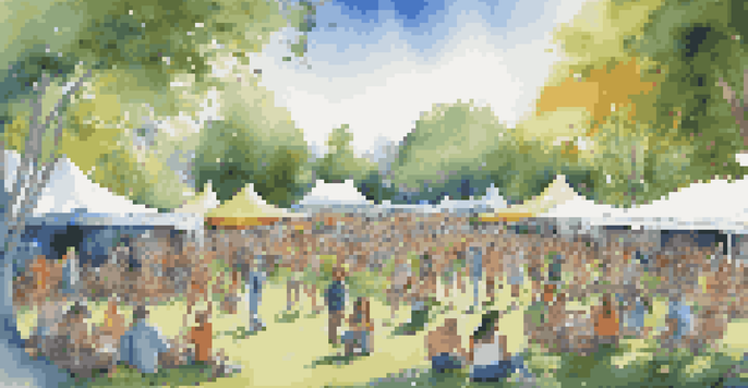 A lively music festival in a green park featuring musicians and attendees celebrating nature and biodiversity.