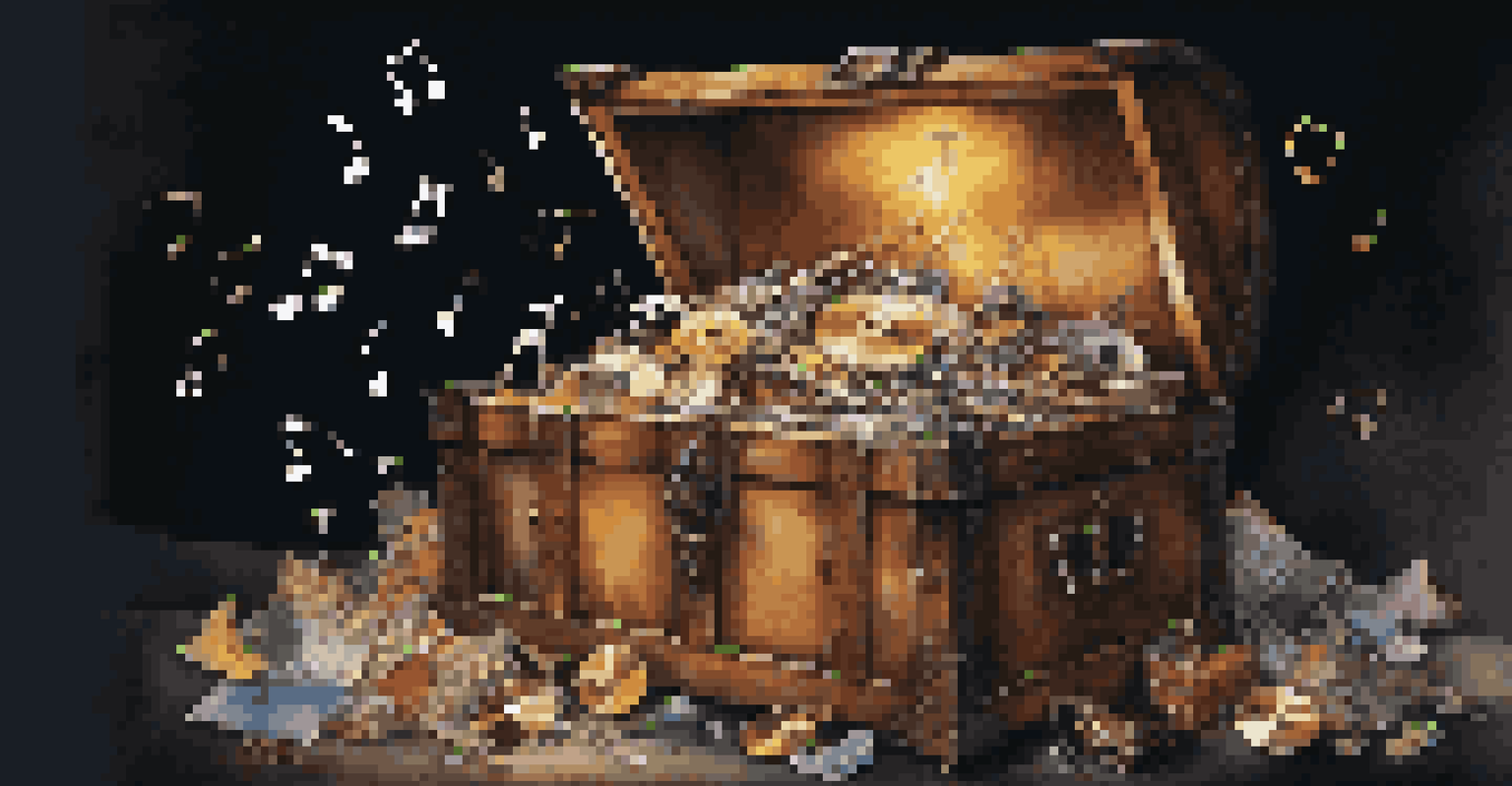 A treasure chest filled with musical notes, instruments, and vinyl records, illuminated by light against a dark background.