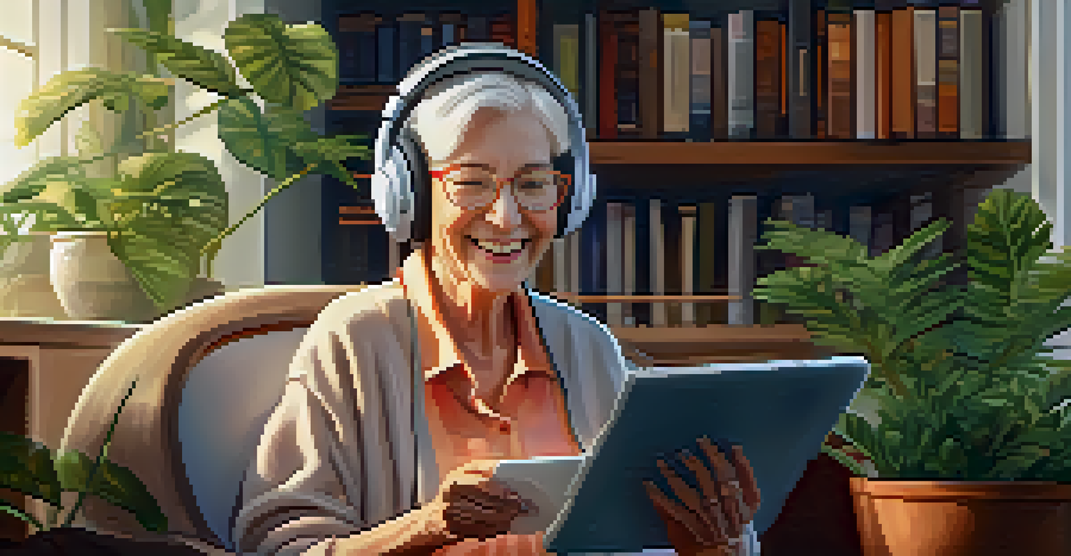 A senior woman happily listening to music with headphones while using a tablet, sitting in a cozy armchair surrounded by plants and family photos.
