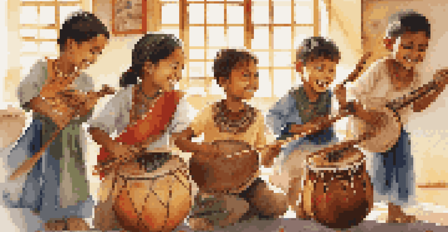 A group of children from various backgrounds playing traditional instruments in a bright classroom, smiling and celebrating their cultural diversity.