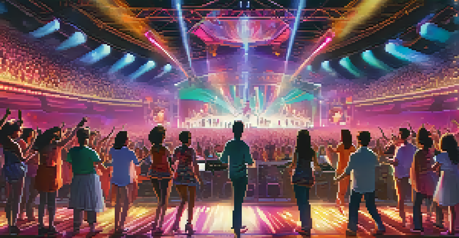 A virtual concert scene with avatars dancing and an artist performing on stage, surrounded by colorful lights and visual effects.