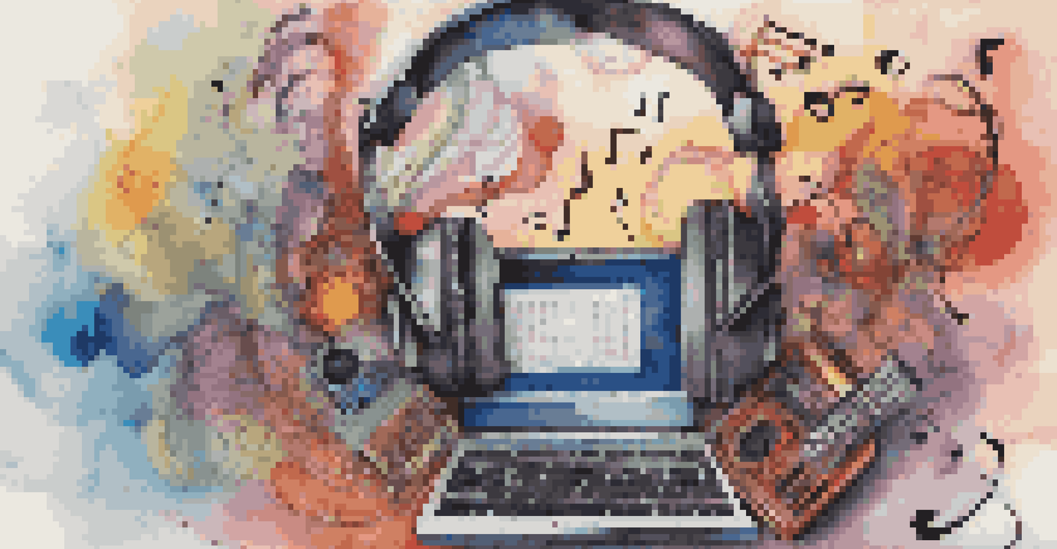 An abstract collage representing music blogging, with vibrant colors and musical elements like notes and headphones.