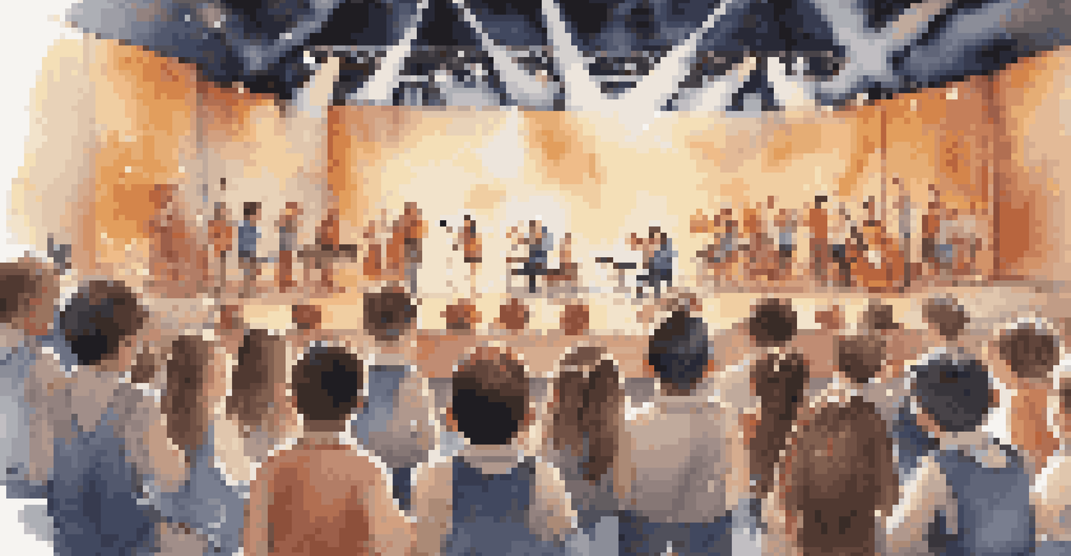 Students performing on stage at a school concert, with lights and an audience clapping.