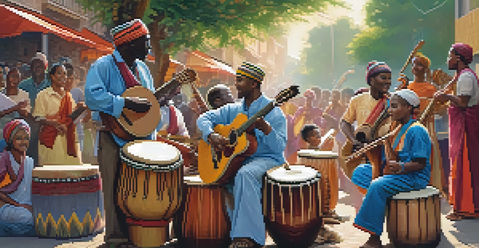 A lively street scene with musicians from different cultures playing together, showcasing cultural diversity and unity.