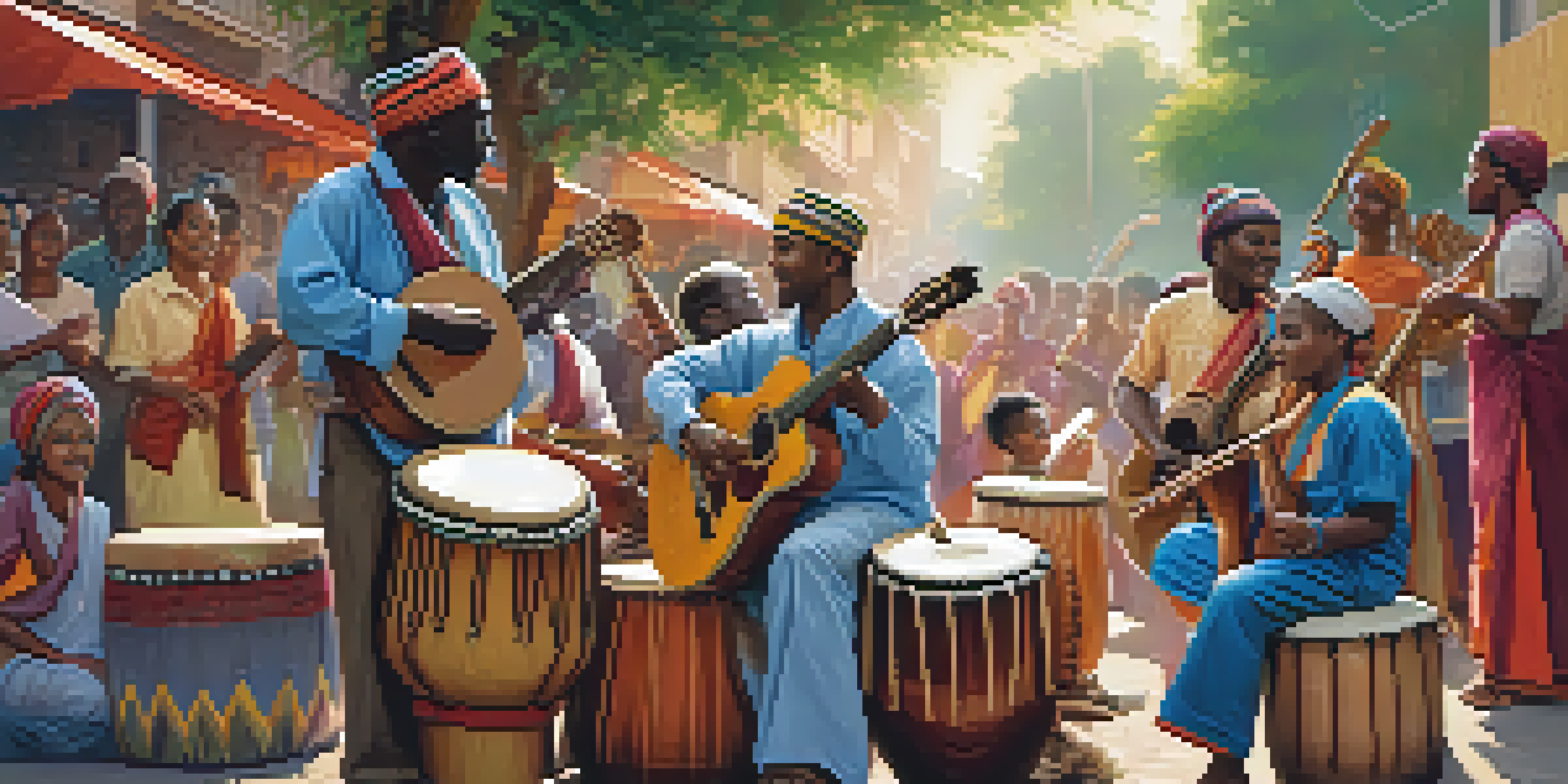 A lively street scene with musicians from different cultures playing together, showcasing cultural diversity and unity.
