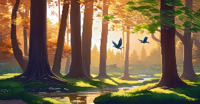 A peaceful forest scene with green trees, a flowing stream, and birds, illuminated by the warm golden light of sunset.