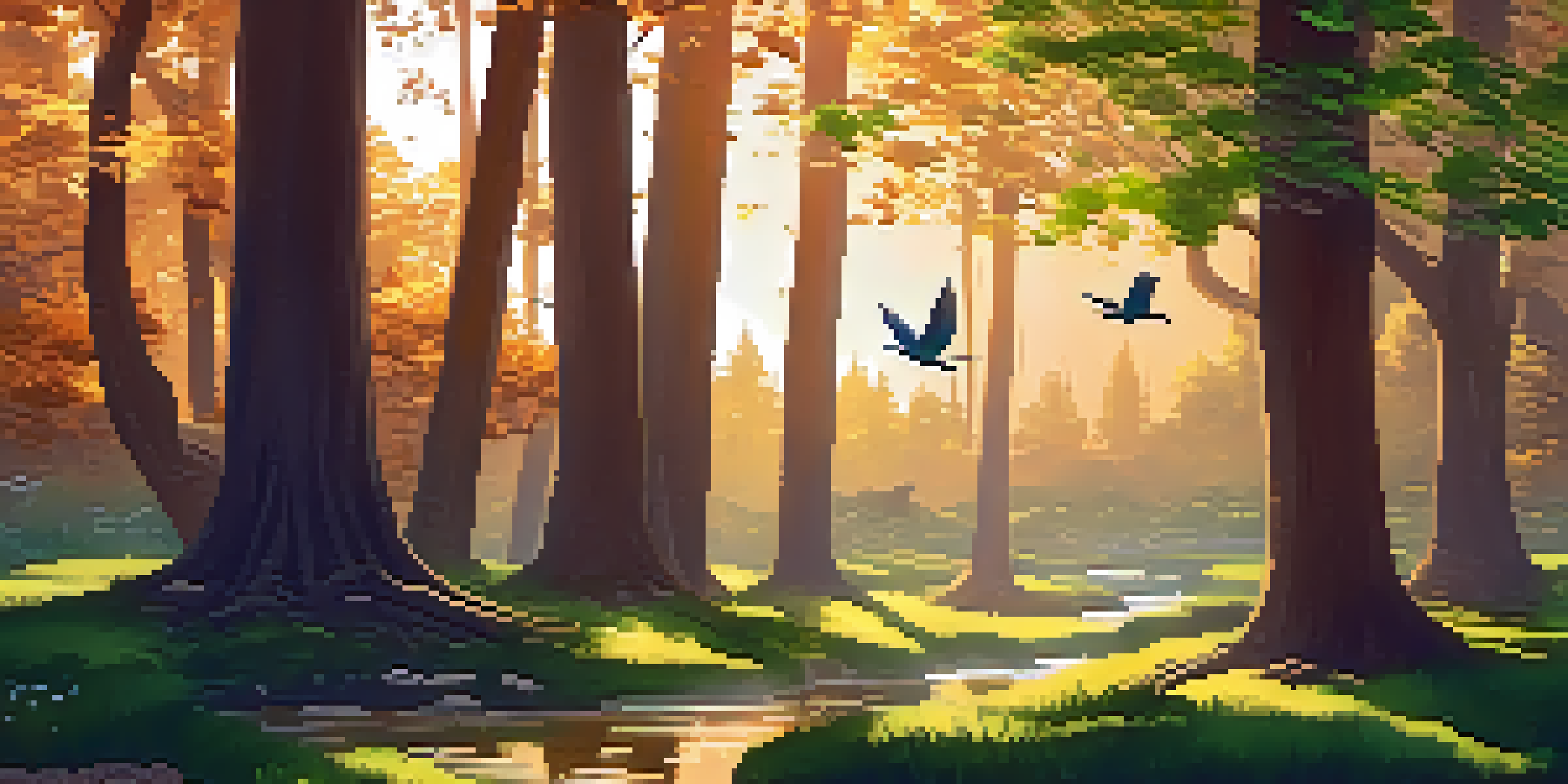 A peaceful forest scene with green trees, a flowing stream, and birds, illuminated by the warm golden light of sunset.