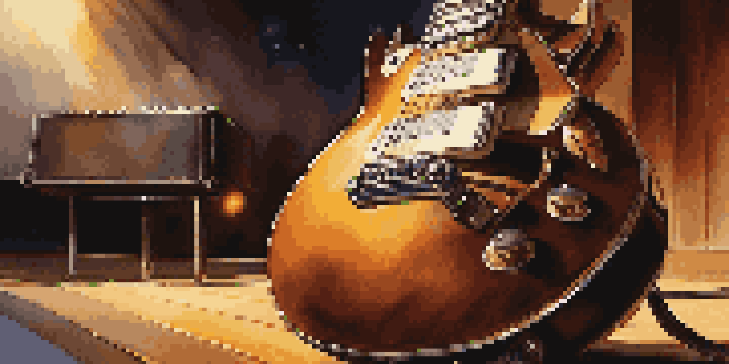 A close-up of an electric guitar on a wooden stage, with warm lighting and blurred silhouettes of musicians in the background.