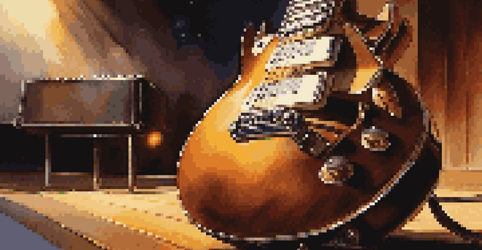 A close-up of an electric guitar on a wooden stage, with warm lighting and blurred silhouettes of musicians in the background.