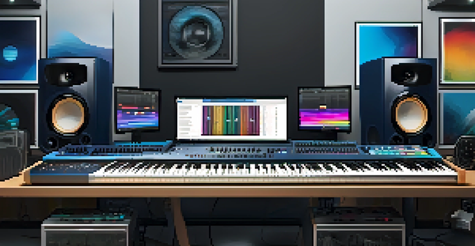 A digital music studio with a computer screen showing audio waveforms, a MIDI keyboard, and musical instruments in a warm, inviting environment.