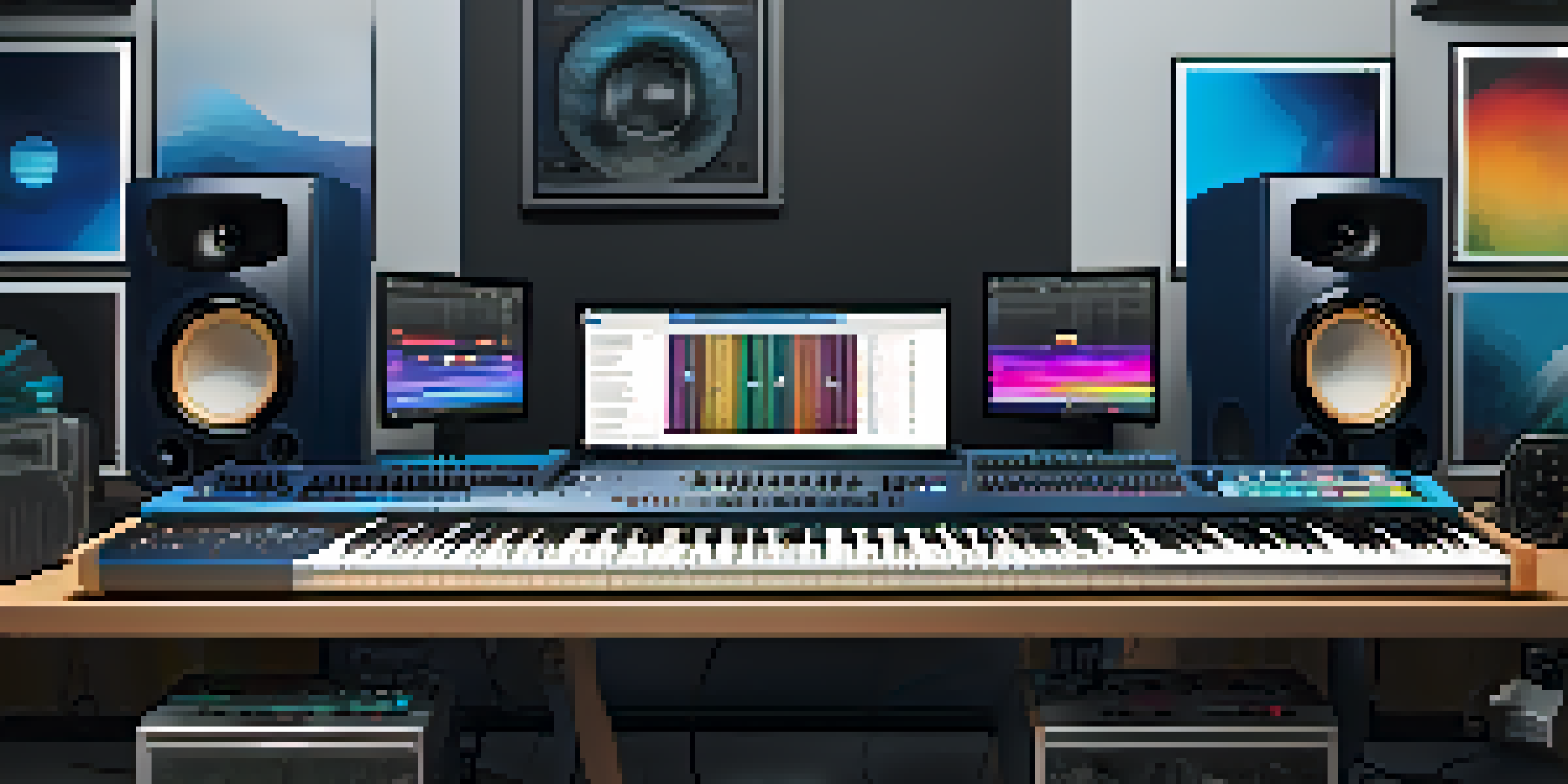 A digital music studio with a computer screen showing audio waveforms, a MIDI keyboard, and musical instruments in a warm, inviting environment.
