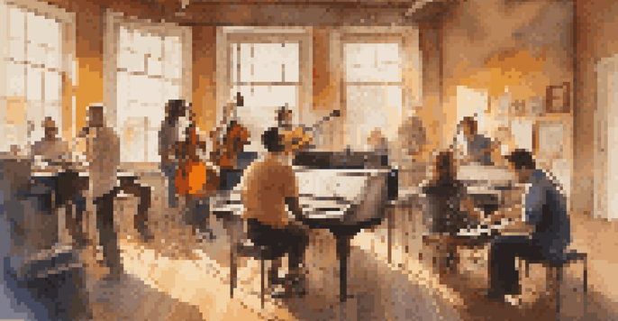 A colorful music studio with diverse musicians collaborating, surrounded by instruments and recording equipment, with warm lighting and natural sunlight.