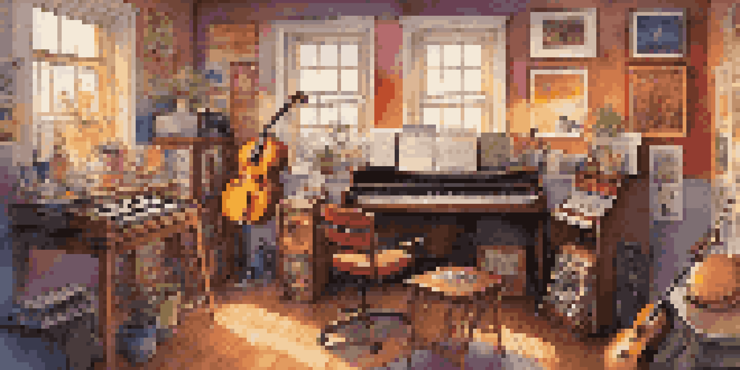 A music studio with an artist writing lyrics at a desk, surrounded by colorful instruments and posters.