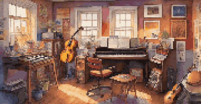 A music studio with an artist writing lyrics at a desk, surrounded by colorful instruments and posters.