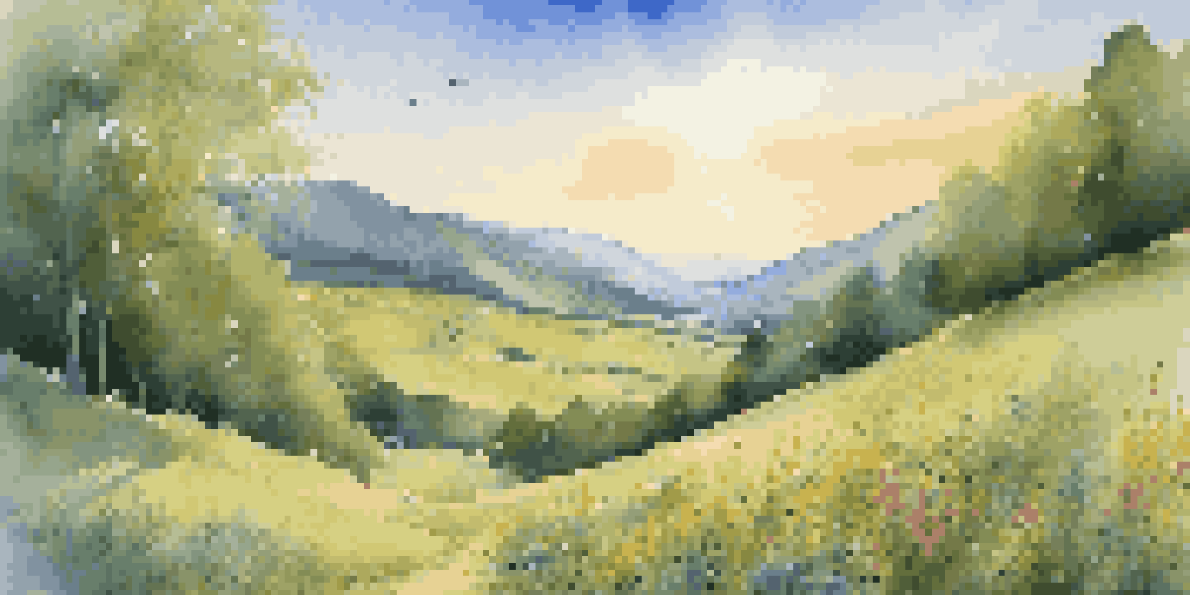 A musical note flowing through a green valley filled with wildflowers, under a bright blue sky.
