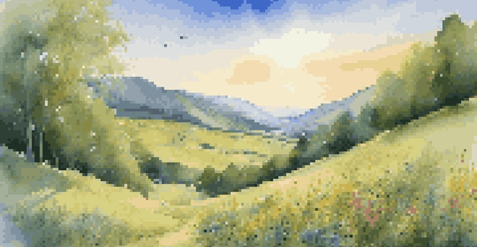 A musical note flowing through a green valley filled with wildflowers, under a bright blue sky.