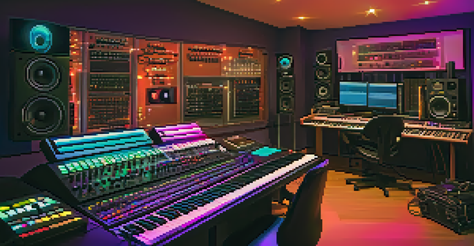 A colorful electronic music studio filled with synthesizers and LED lights, depicting a creative workspace for music production.