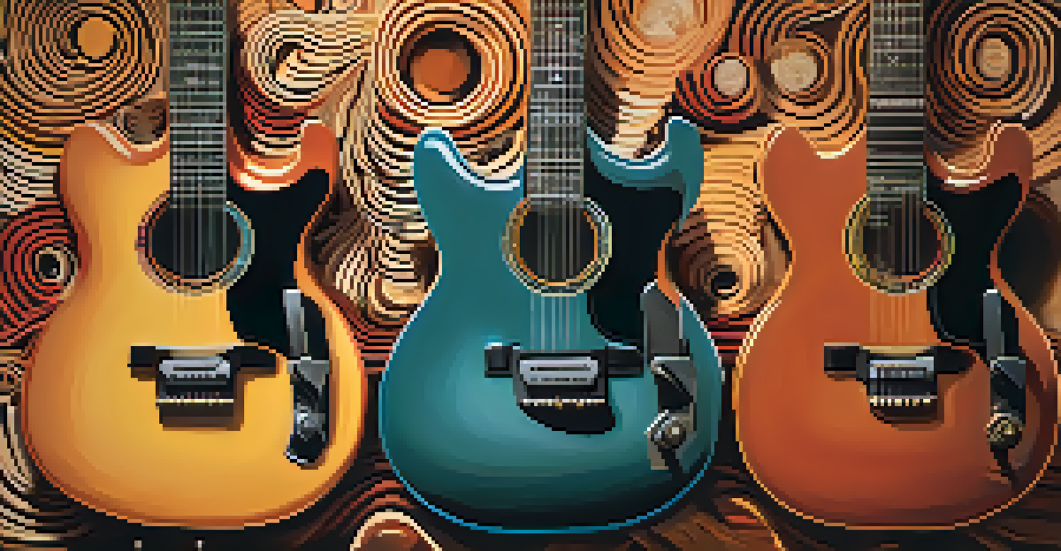 An artistic blend of an acoustic guitar and an electric guitar surrounded by colorful sound waves.