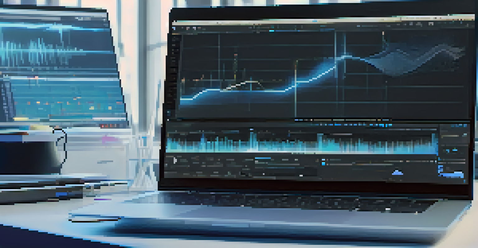 A close-up of a laptop screen showing a digital music collaboration platform with waveforms, surrounded by headphones and a notepad in a modern workspace.