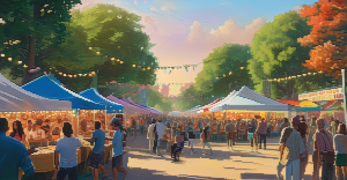 A lively urban park hosting a music festival with diverse attendees, food stalls, and a stage, all under the warm glow of the sunset.