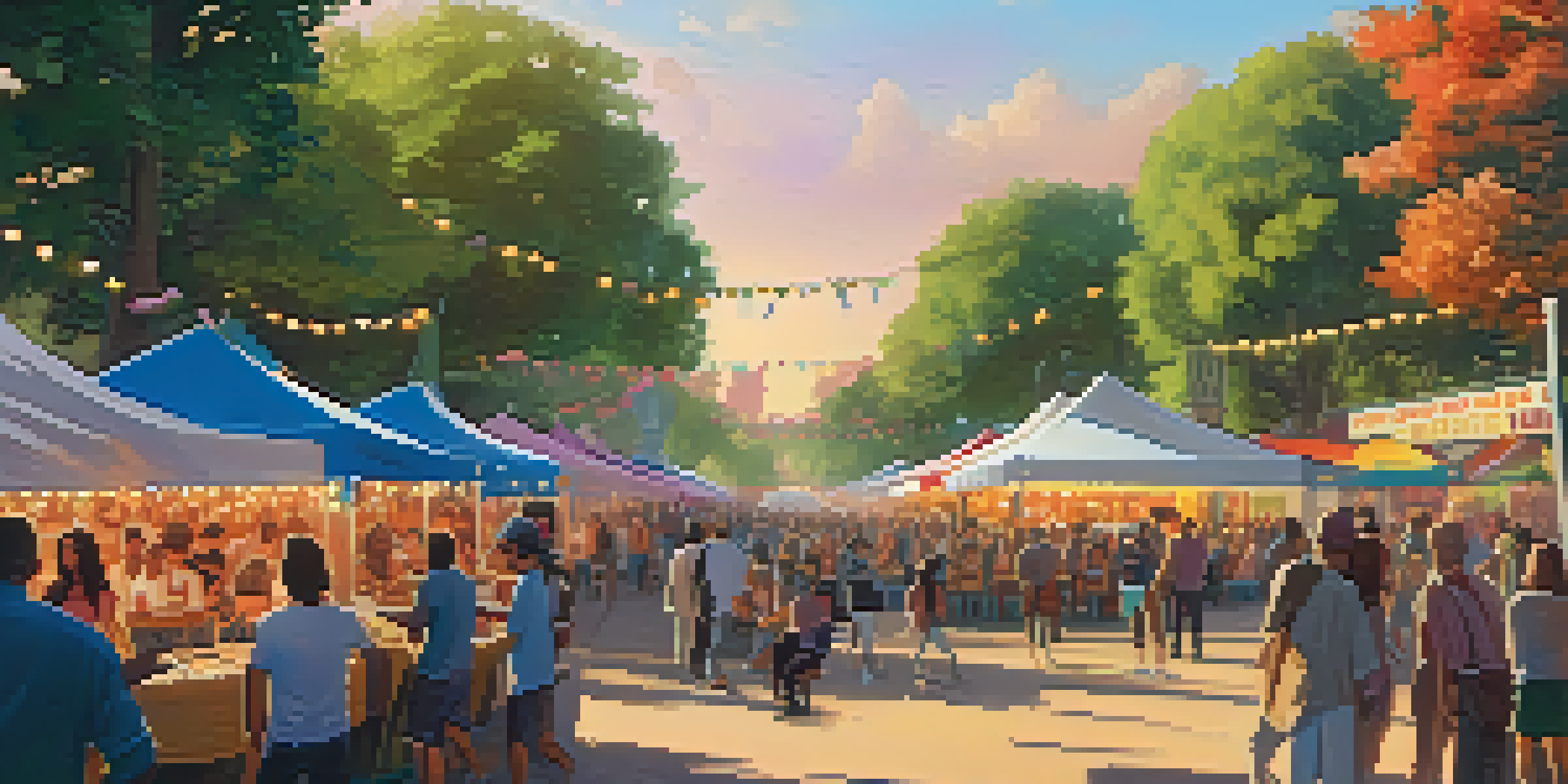 A lively urban park hosting a music festival with diverse attendees, food stalls, and a stage, all under the warm glow of the sunset.