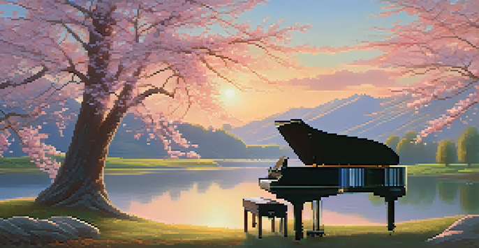 A grand piano under a cherry blossom tree, with sunlight filtering through the petals and a tranquil lake in the background during sunset.