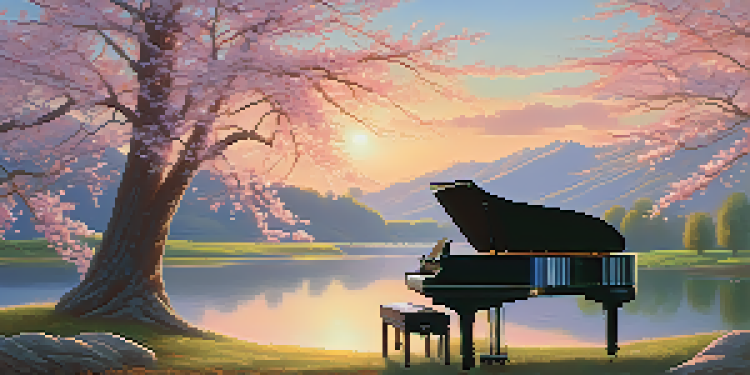 A grand piano under a cherry blossom tree, with sunlight filtering through the petals and a tranquil lake in the background during sunset.