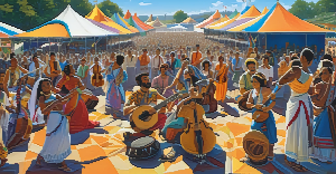 A lively outdoor music festival with diverse performers and a colorful audience enjoying various cultural musical styles.