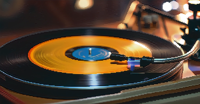A vintage vinyl record on a turntable, spinning under soft ambient lighting.