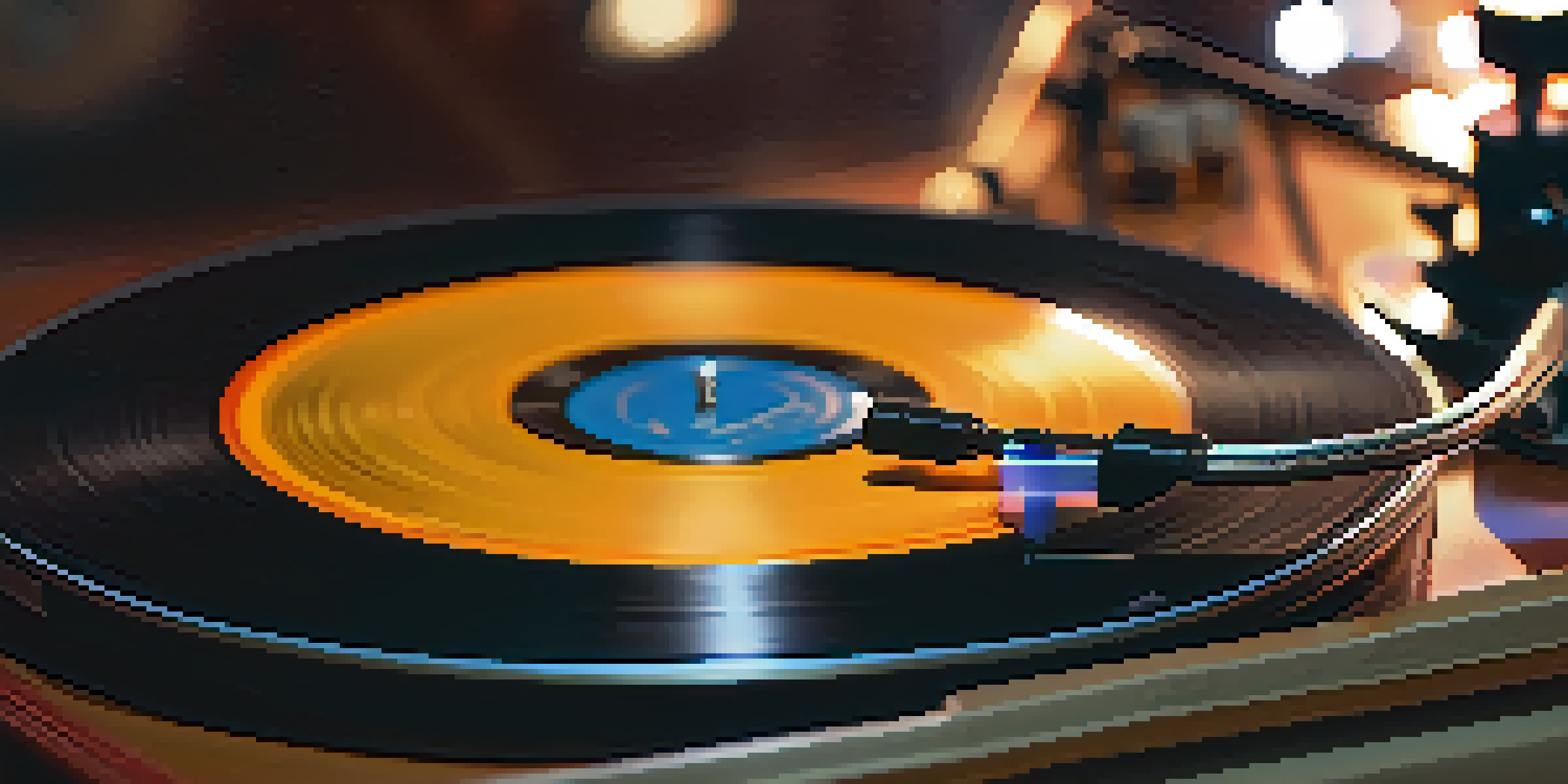 A vintage vinyl record on a turntable, spinning under soft ambient lighting.