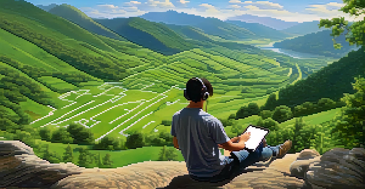 A person in a rural setting using a tablet to stream music, surrounded by lush greenery and mountains, representing improved connectivity and accessibility.