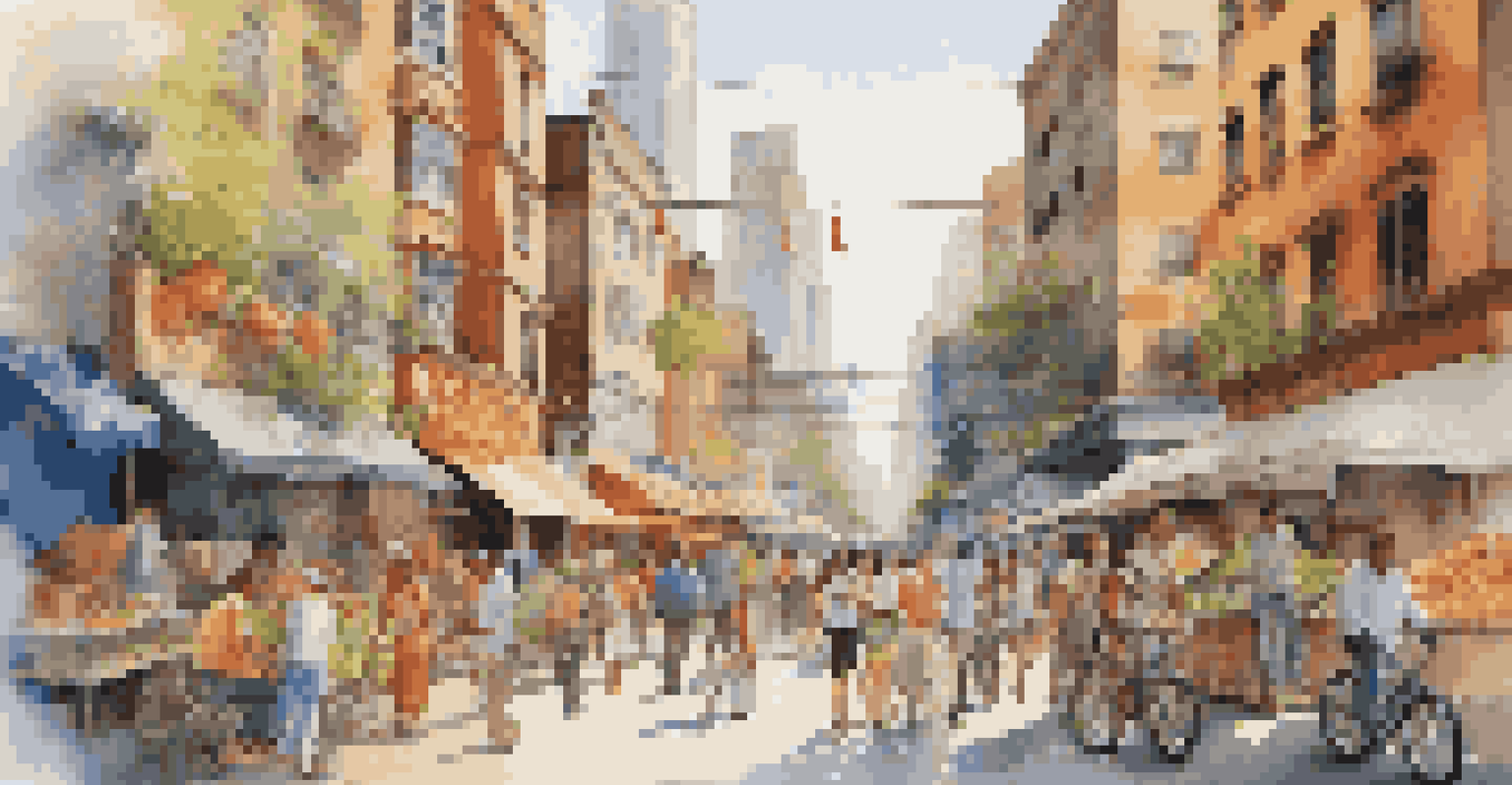 A lively city street filled with diverse people, colorful murals, and street vendors.