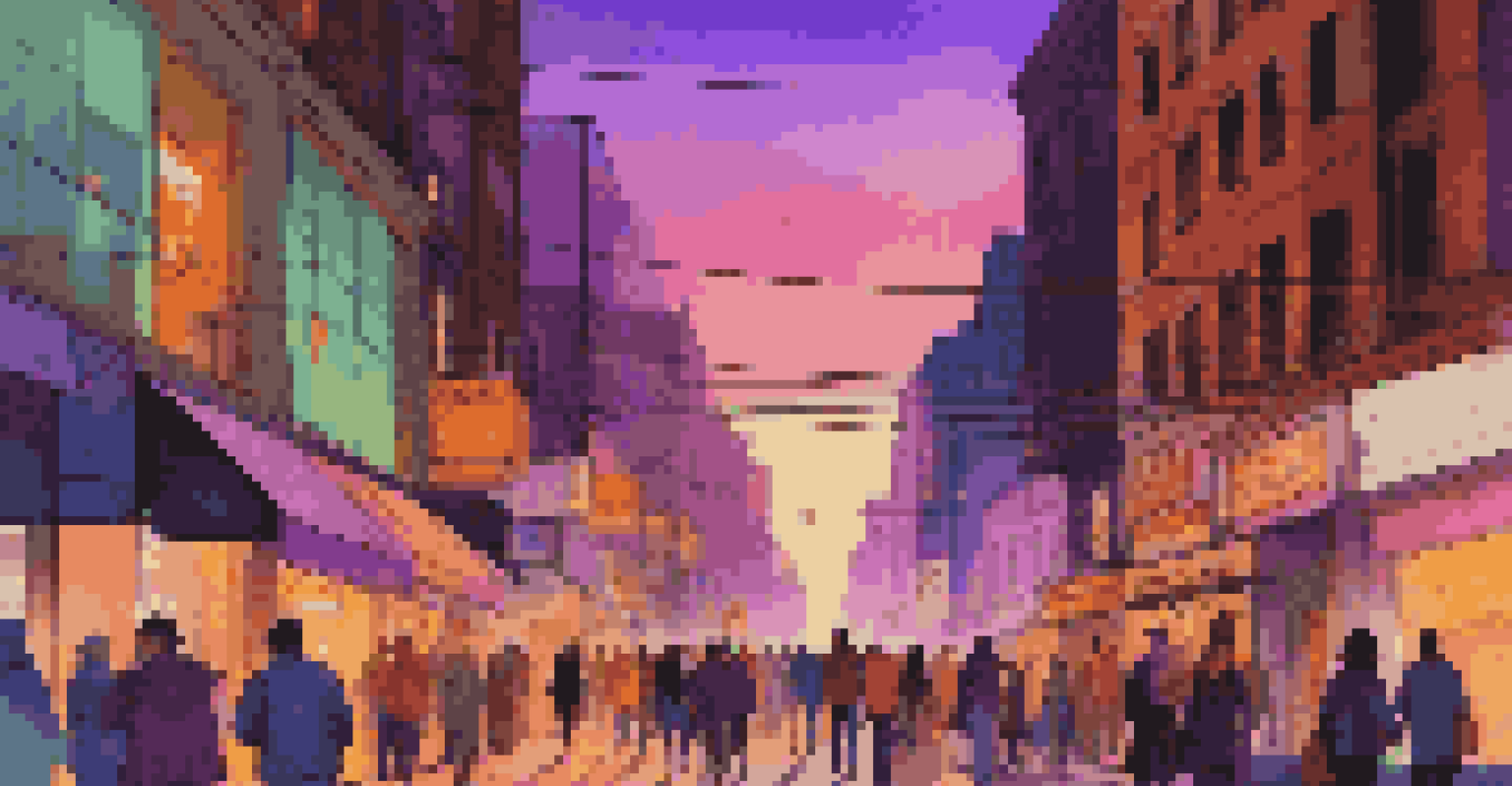 A lively city street filled with people and illuminated by colorful neon lights at dusk.