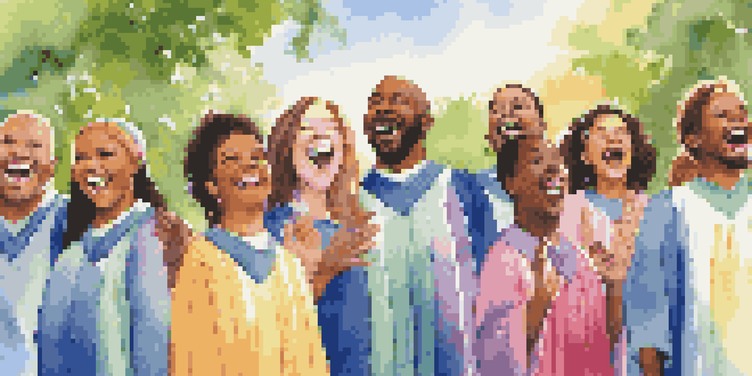 A group of diverse choir members in colorful robes singing together outdoors in a sunny park.