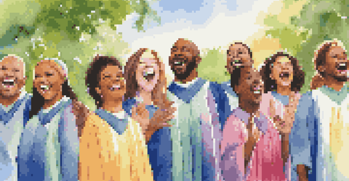 A group of diverse choir members in colorful robes singing together outdoors in a sunny park.