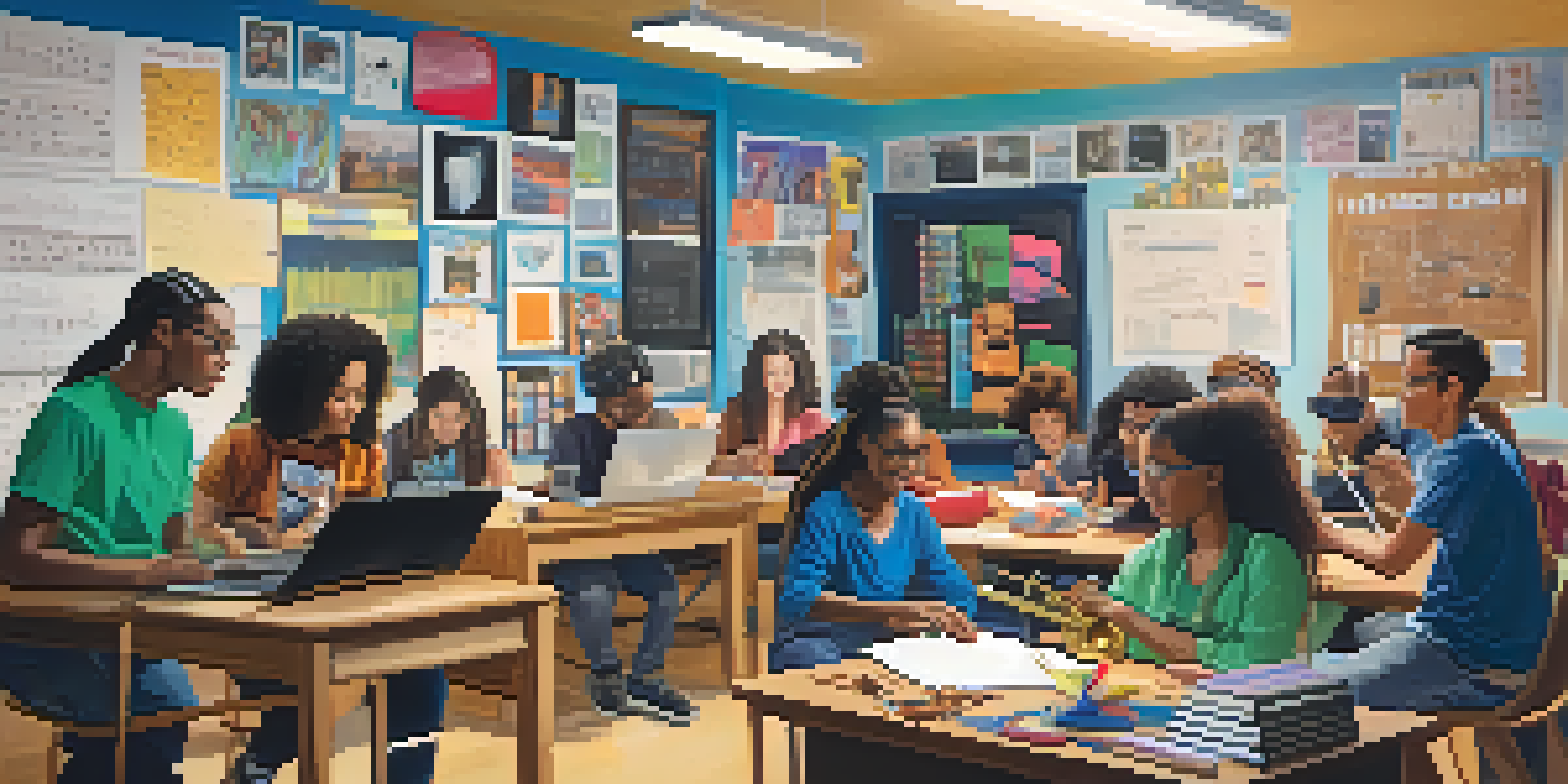 A diverse group of students working together in a bright classroom filled with musical instruments and technology, emphasizing collaboration and creativity.